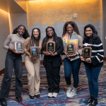 Recipients of the Cornell Ann S. Bowers College of Computing and Information Science inaugural Diversity, Equity, Inclusion, and Belonging (DEIB) awards are (left to right) Natalie Kalitsi '22, Miah Sanchez '22, Oluwatise Alatise '23, Chinasa Okolo, and Sara Venkatraman. Ziqing Wang '22 also received a DEIB award. Photo by Rachel Philipson